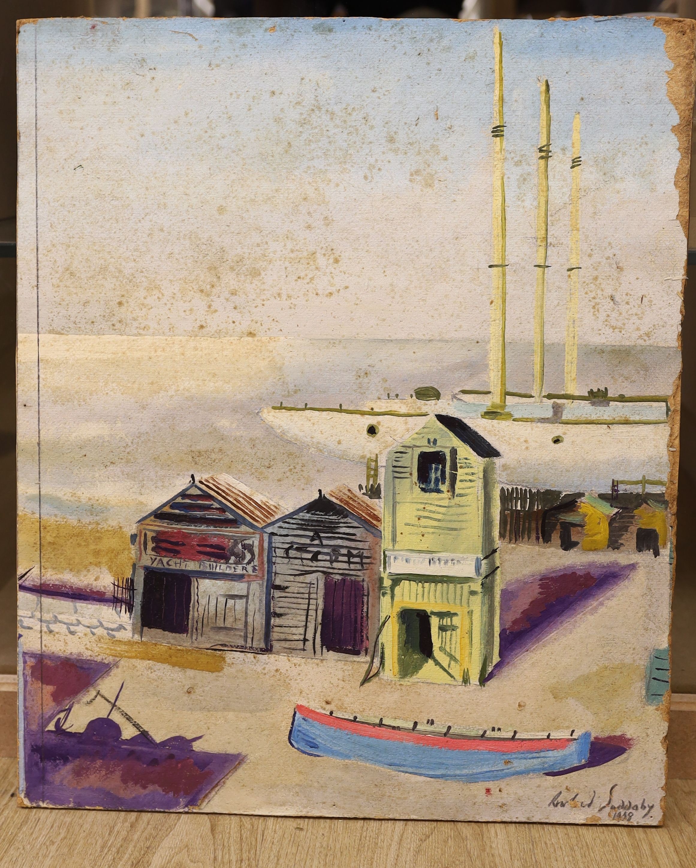 Rowland Suddaby (1912-1972), oil on board, Coastal scene with yacht builders huts, signed and dated 1938, 53 x 44cm, unframed